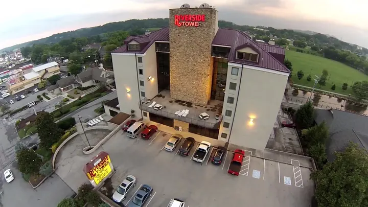 Aerial view of the Riverside Tower hotel on the Parkway in Pigeon Forge